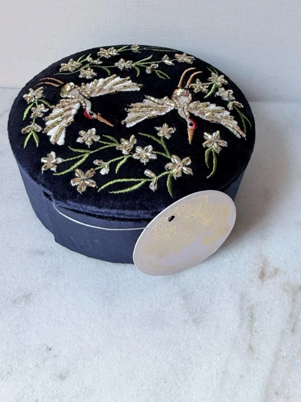 Embroidered Navy Velvet Decorative velvet Jewelry Box with Crane Motif travel